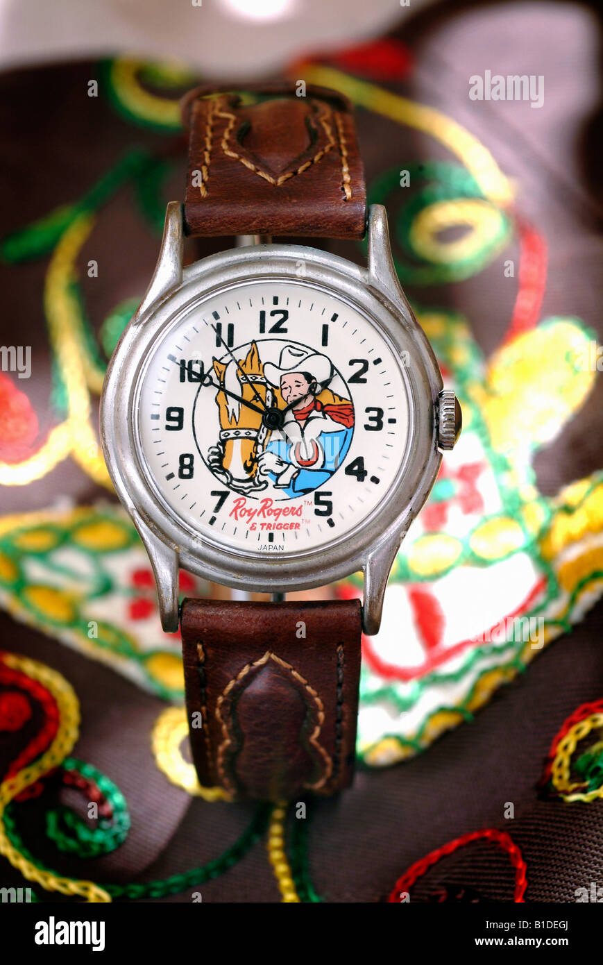 Vintage-Stil Sammler Uhr mit ein Roy Rogers, fotografiert auf einem Westernhemd Cowboy-Thema. Gemacht von Fossil Stockfoto