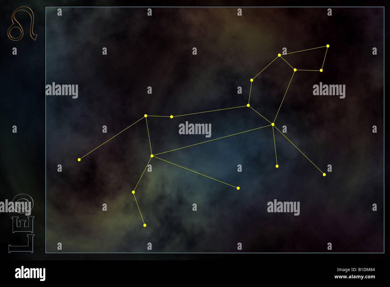 Tierkreis - Sternbild, mit Zeichen und Namen des Tierkreises. Vor Raum Galaxie Hintergrund Stockfoto