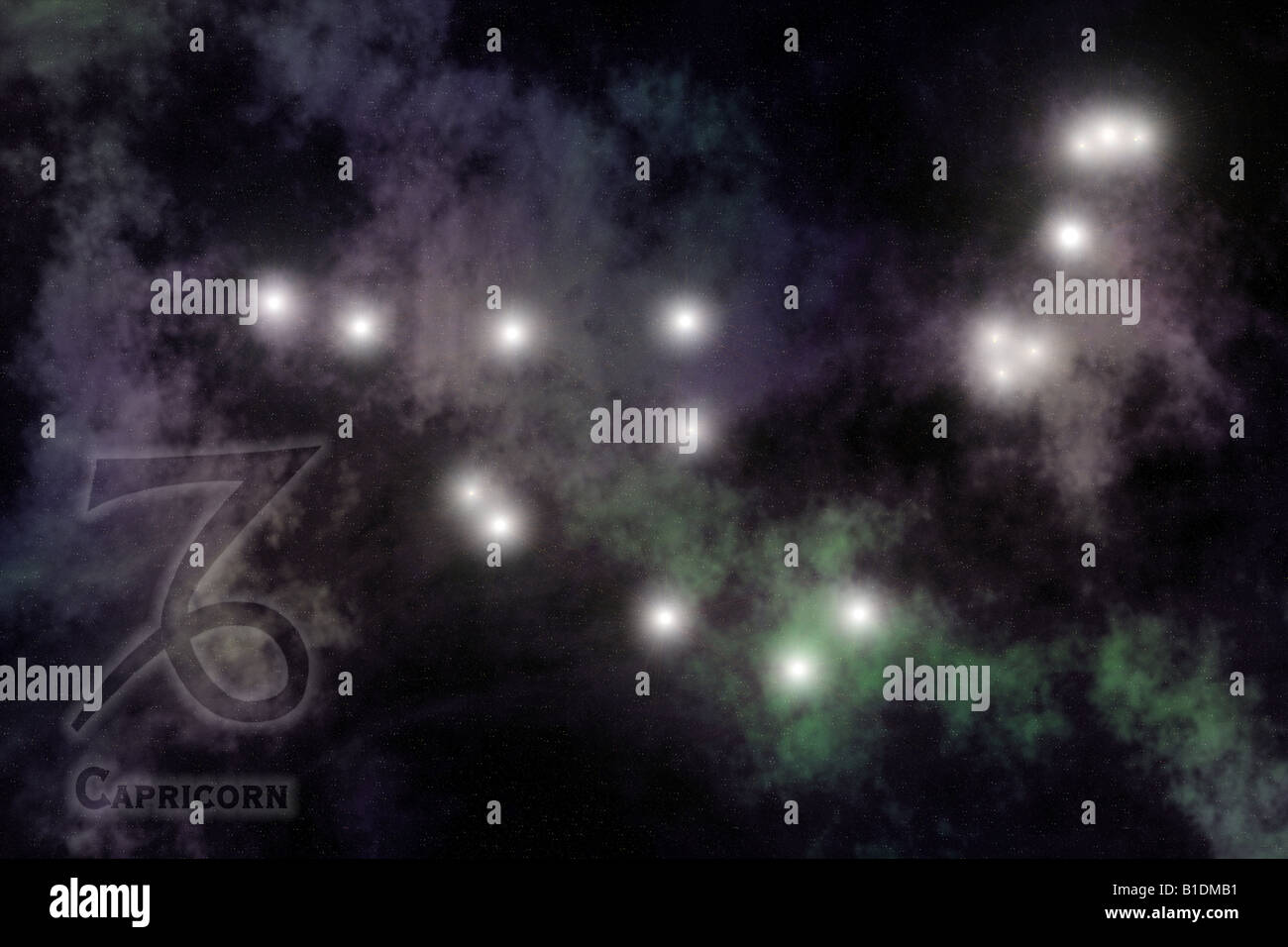 Tierkreis - Sternbild Steinbock, mit Zeichen und Namen des Tierkreises. Vor Raum Galaxie Hintergrund Stockfoto