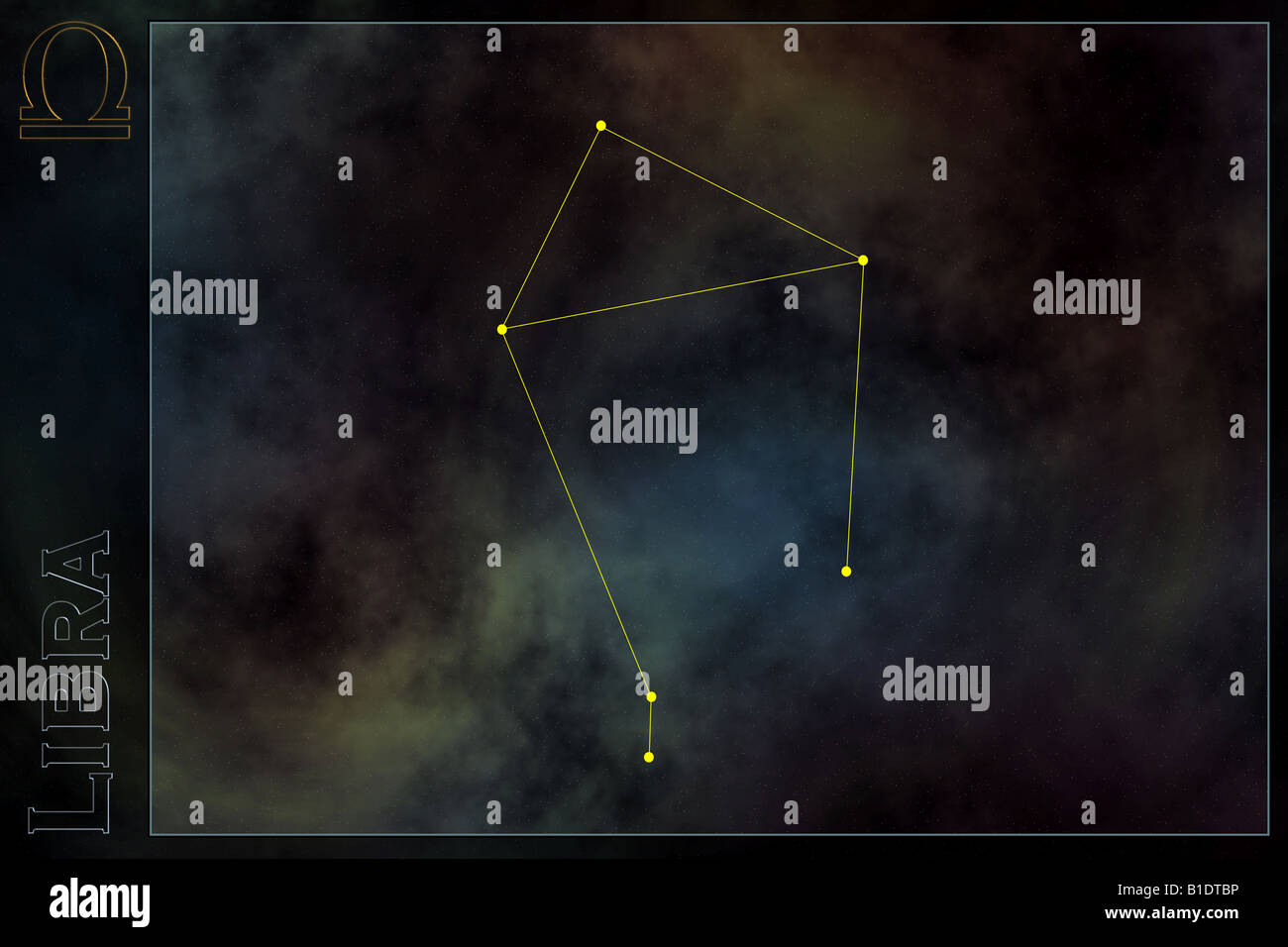 Sternzeichen - Waage Konstellation, mit Zeichen und Namen des Tierkreises. Vor Raum Galaxie Hintergrund Stockfoto