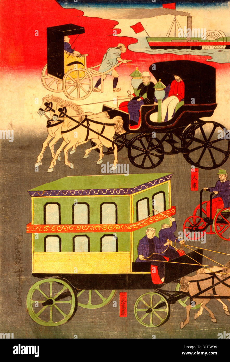 Vintage japanische Print zeigt verschiedene Formen des Transportes Stockfoto