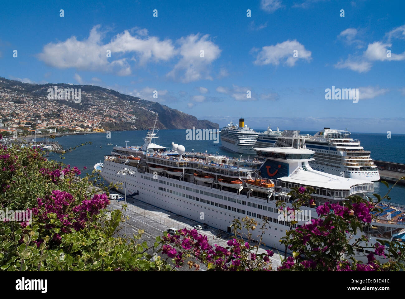 dh Funchal Hafen FUNCHAL MADEIRA Thomson Destiny Passagier Kreuzfahrtschiff Schiffsreise durch die Bucht von Funchal Stockfoto
