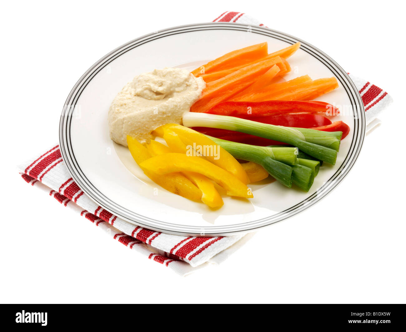 Pflanzliche Crudites mit Stil Houmous Stockfoto