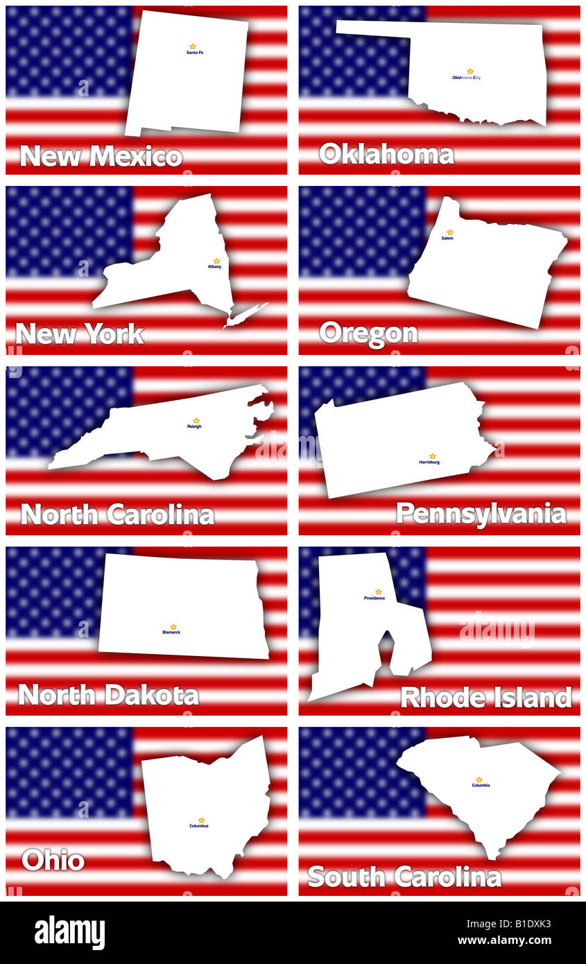 USA Staaten Konturen mit der Hauptstadt gegen unscharfe amerikanische Flagge aus New Mexico nach South Carolina alphabetisch Stockfoto