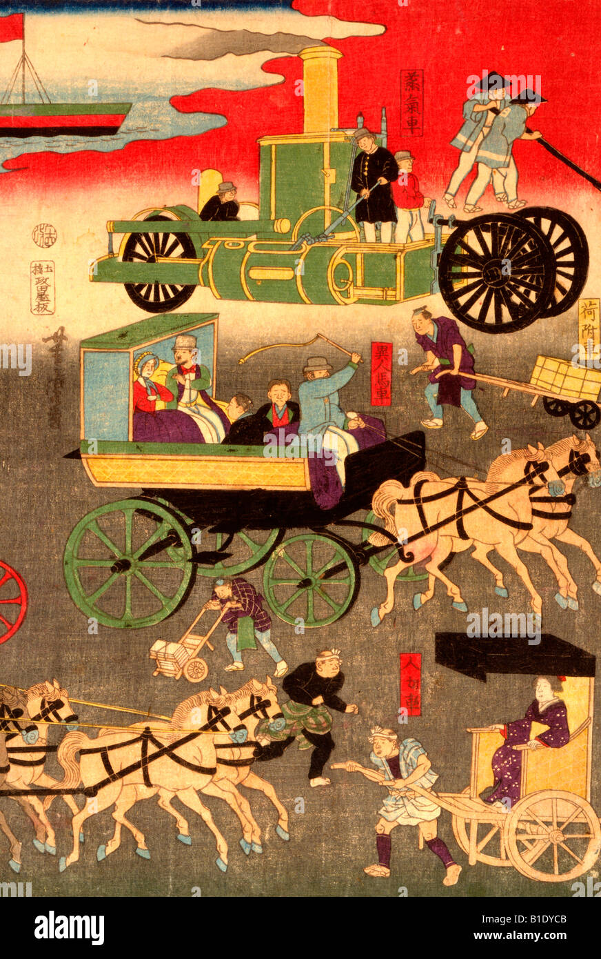 Vintage print Triptychon zeigt verschiedene Modi Auto Verkehr in Tokio. Stockfoto
