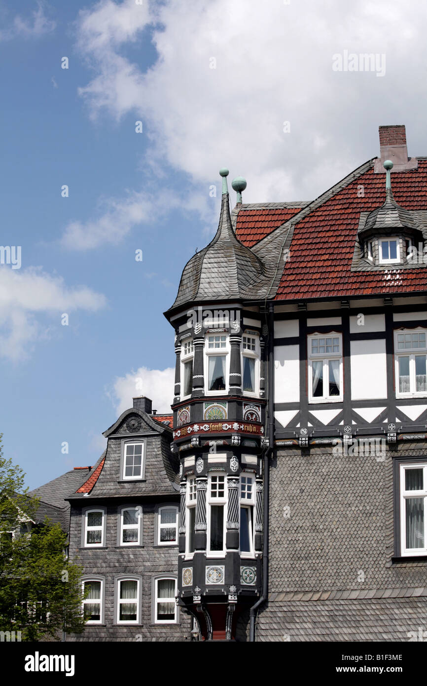 Schiefer fronted, bemalte und Fachwerk Haus, Goslar, Harz Mountains, Deutschland, Deutschland Stockfoto