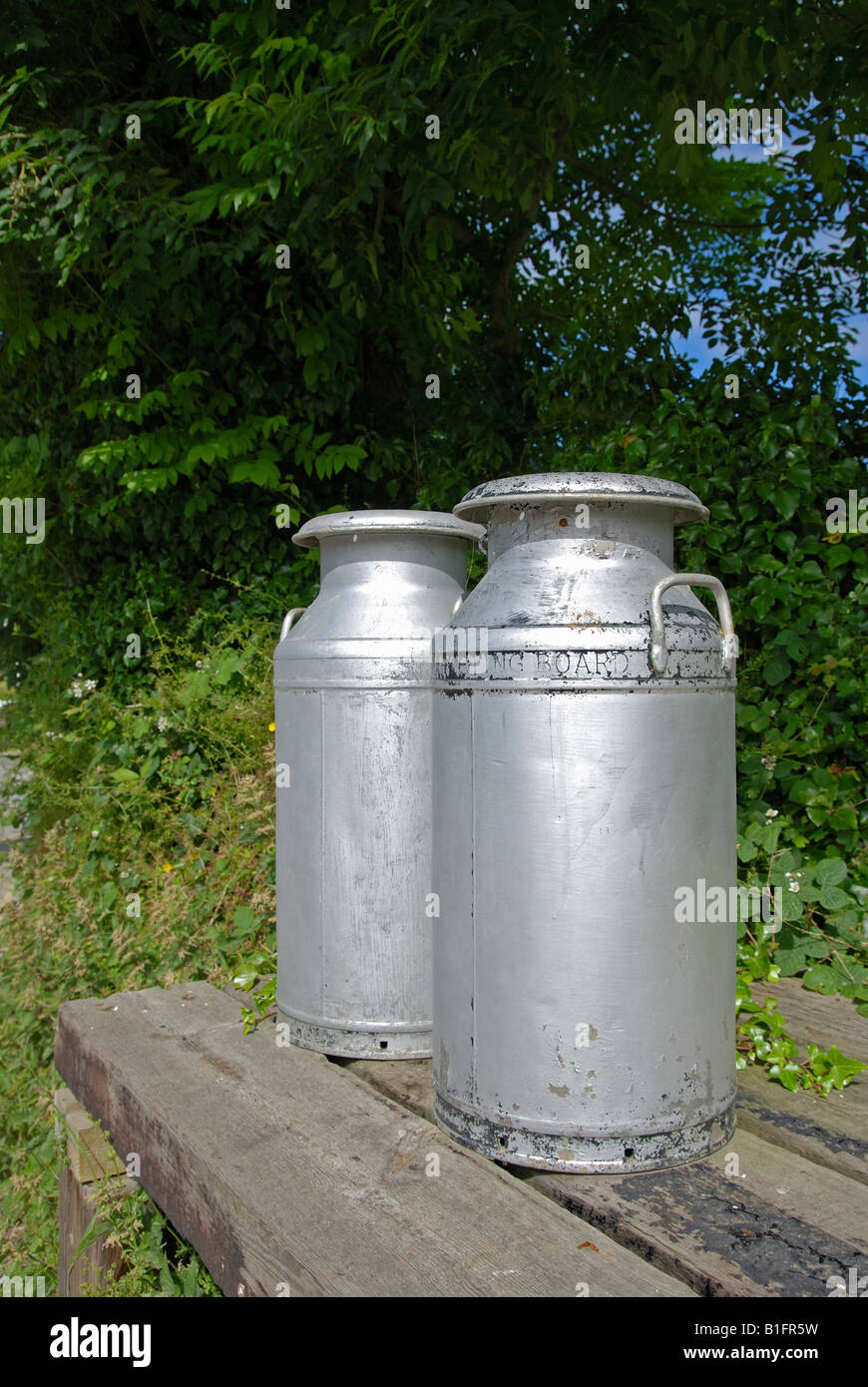 zwei Milchkannen am Straßenrand in der Nähe von Honiton in devon Stockfoto
