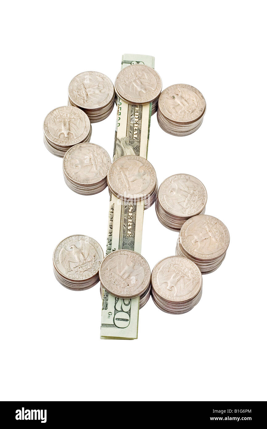 Dollarzeichen mit US-Viertel und zwanzig-Dollar-Schein gemacht Stockfoto