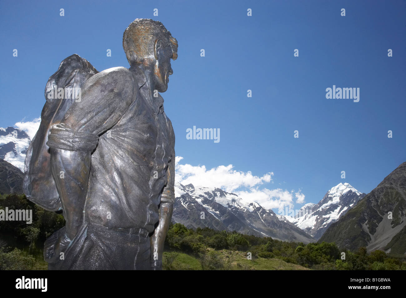 Sir Edmund Hillary Statue Aoraki Mt. Cook der Klause Aoraki Mt Cook National Park South Canterbury Südinsel Neuseelands Stockfoto