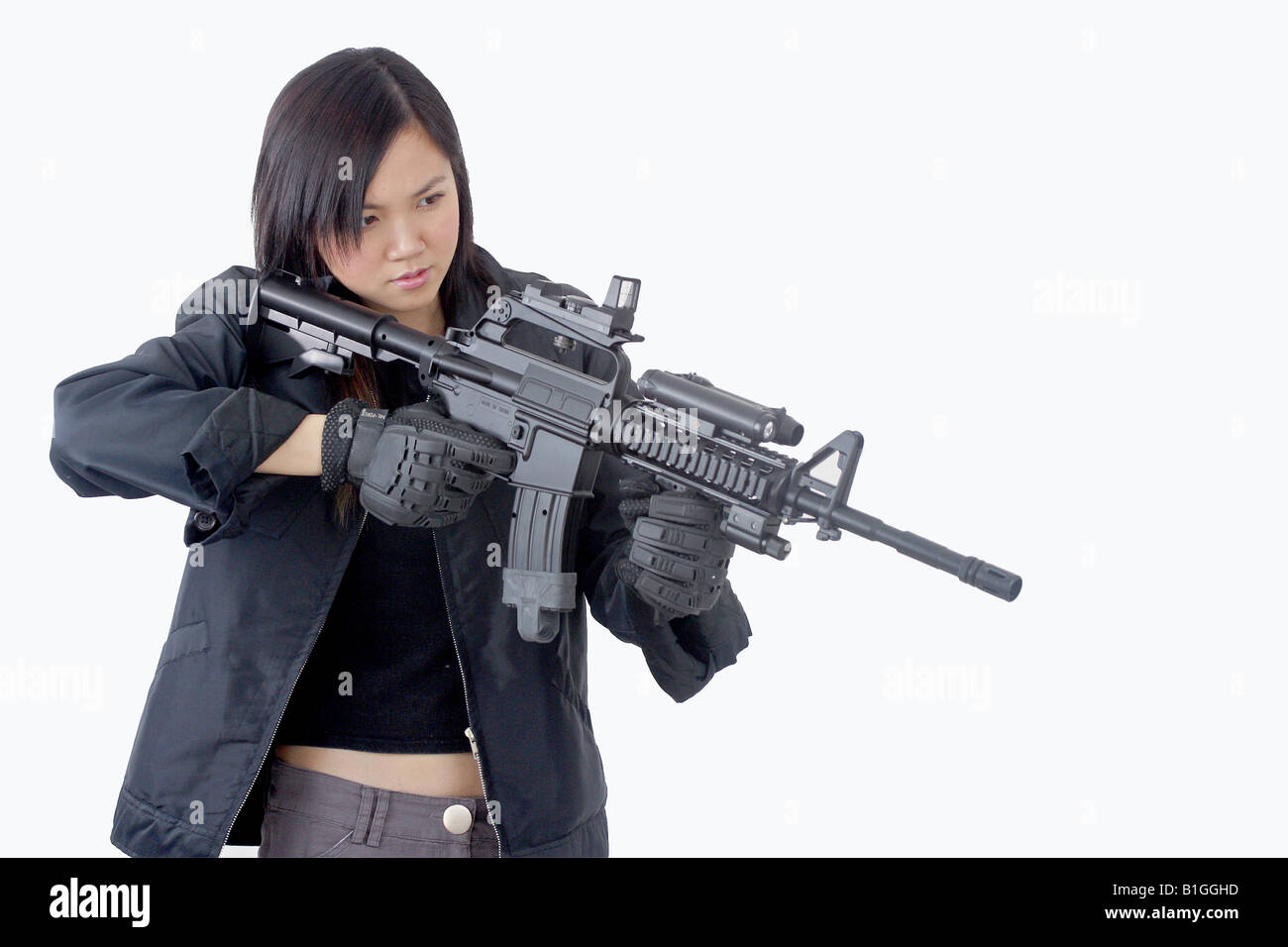 Mädchen Frau Gun killer töten Attentäter Sas SWAT-Marine Dichtung Spezialeinheit schützen Geist in der Shell comic Manga Aminierung japan Stockfoto