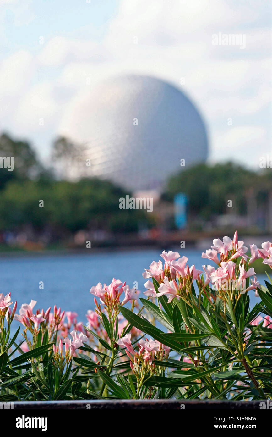 Epcot Raumschiff und rosa Blumen Stockfoto