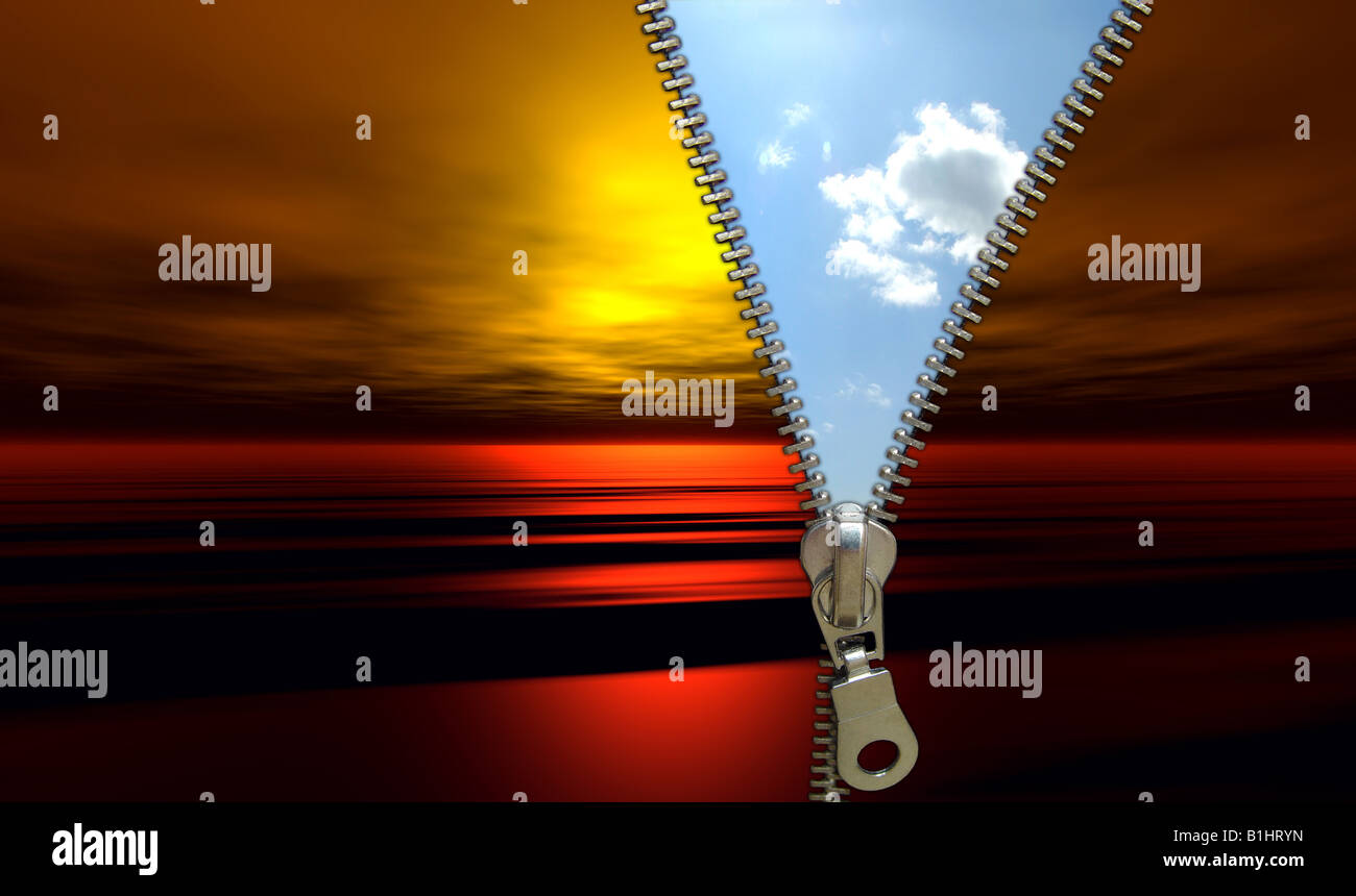 Konzeptionelle Reißverschluss Abbildung: ein neuer Tag, Endung, Himmel und Himmel Stockfoto