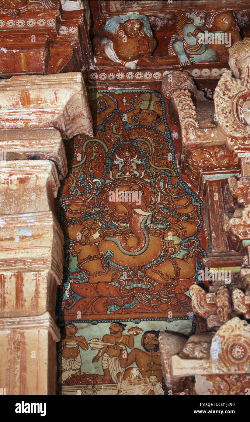 Wandbild an der Wand eines Tempels, Thodikkulam Siva Tempel, Kannavam, Kannur, Kerala, Indien Stockfoto