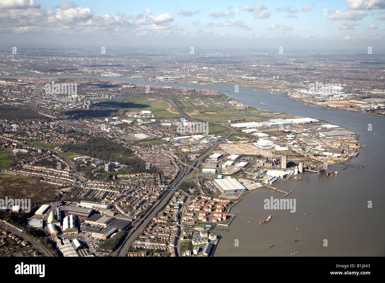 Luftbild Norden westlich von Erith erreichen Fluss Wharf Business Park Frank s Park Belvedere Fluss Themse London DA17 England UK Stockfoto