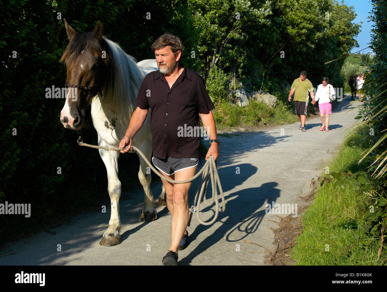 Mann geht mit seinem Pferd durch mittleren Stadt St.-Martins entlang einer der einzige Straßen auf der Insel Stockfoto