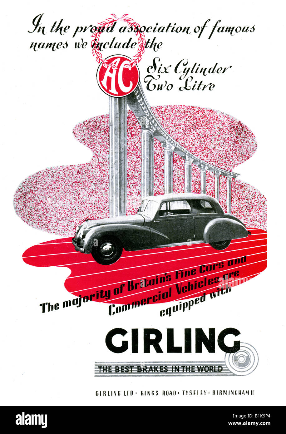 1948-Werbung für Girling-Bremsen mit einem AC Motor Auto für nur zur redaktionellen Nutzung Stockfoto