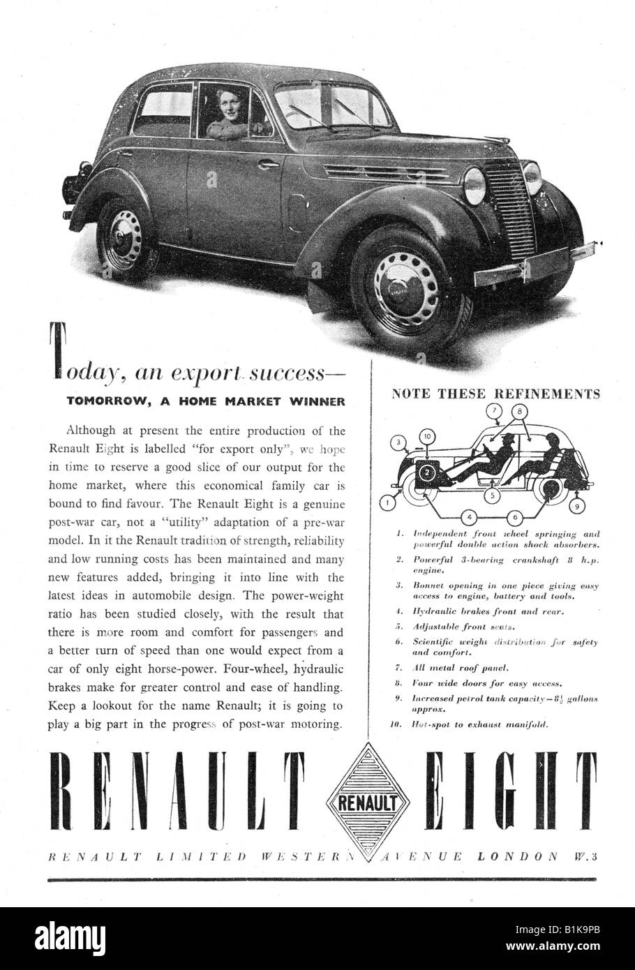 1940s 1948 Werbung für ein Renault acht 8 Motor Auto für nur zur redaktionellen Nutzung Stockfoto
