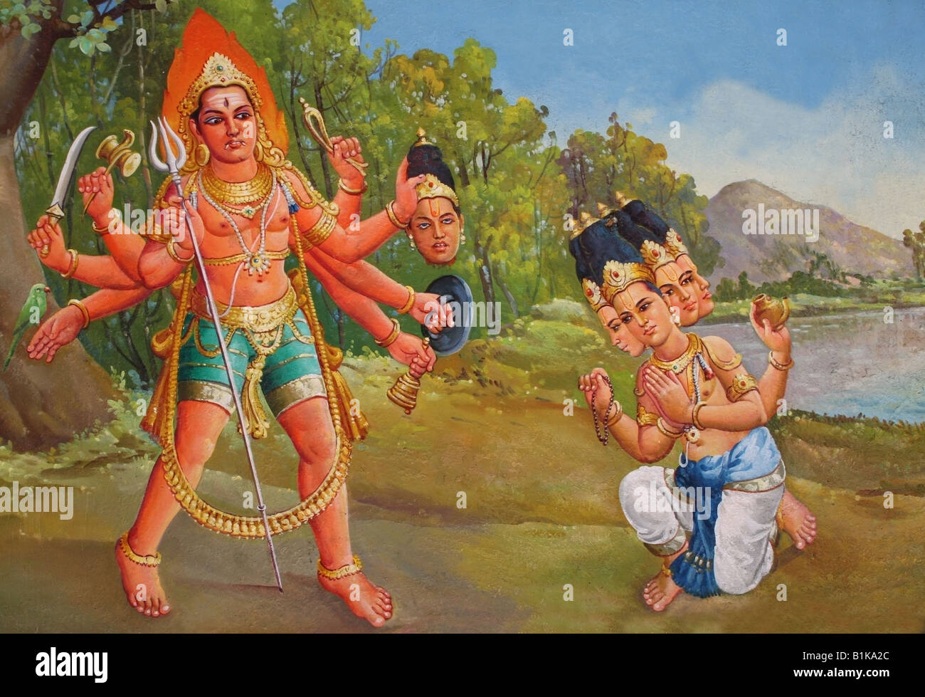 Wandbild zeigt Shiva Abbrennen der fünfte Kopf des Brahma, Arunachaleswara Tempel, Tiruvanamalai, Tamil Nadu, Indien Stockfoto