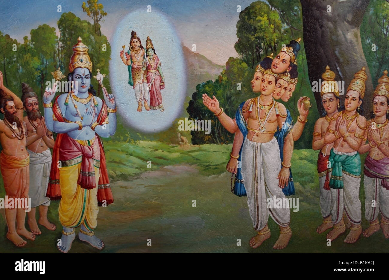 Szene aus dem hinduistischen Ramayana mit Vishnu und Brahma an der Decke des Arunachaleswara Tempel, Tiruvanamalai, Tamil Nadu Stockfoto