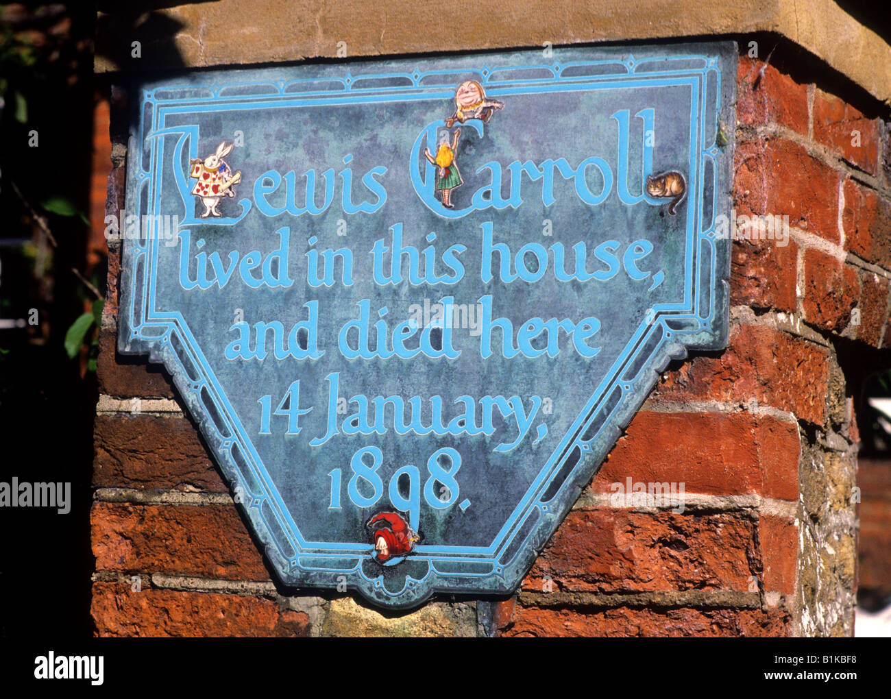 Guildford Lewis Carroll Haus Plaque Alice im Wunderland englischen Autors Carroll lebte starb hier 1898 Surrey England UK Stockfoto