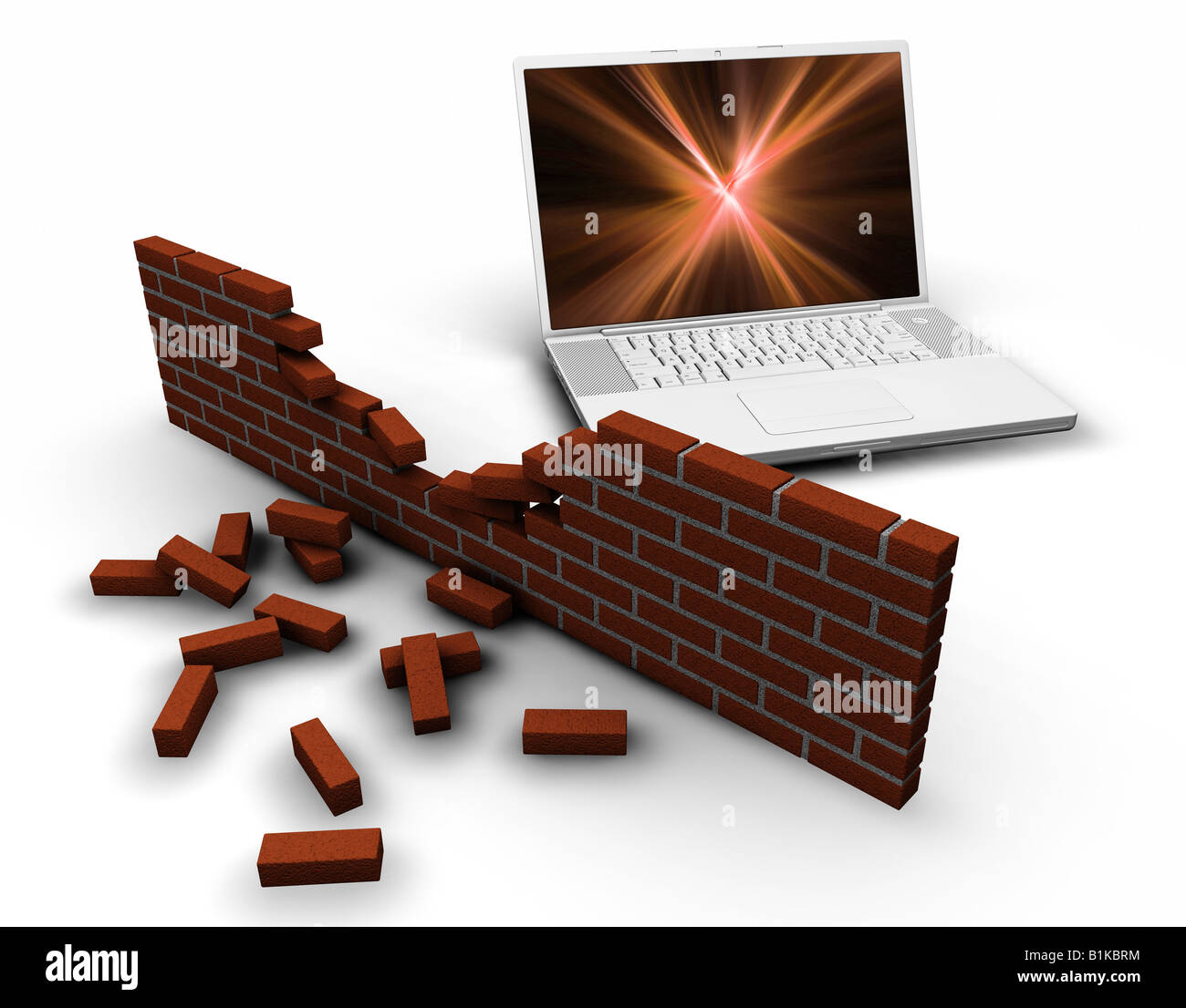 3D Rendern eines Computers hinter eine zerbrochene Mauer Darstellung verstoßen Internetsicherheit Stockfoto