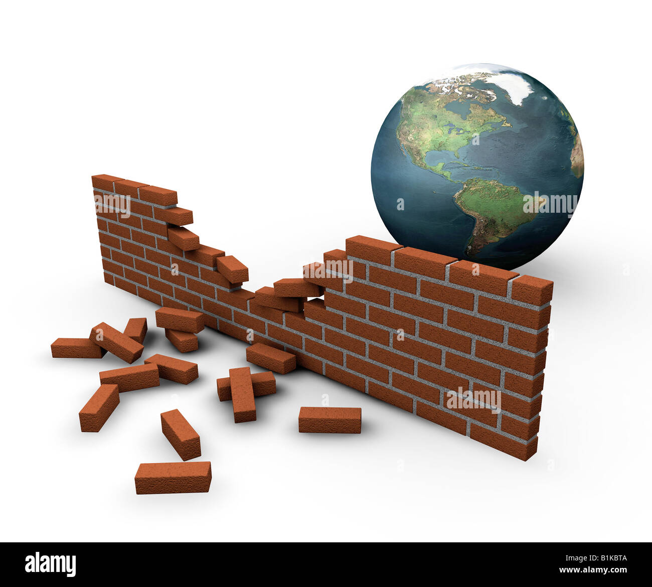 3D Rendern eines Globus hinter eine zerbrochene Mauer Darstellung verstoßen globalen Sicherheit Stockfoto