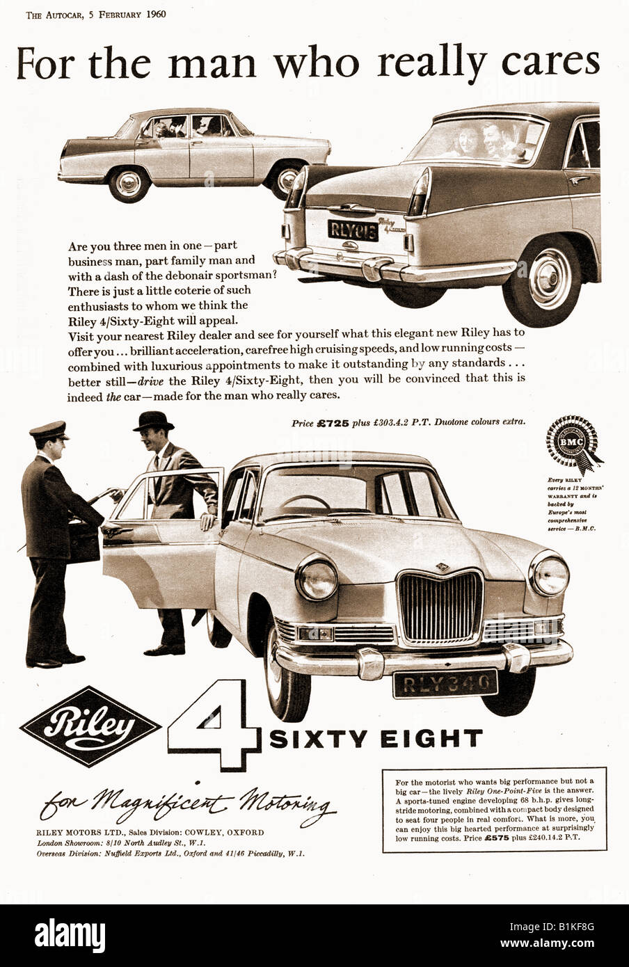 1960-Werbung für Riley 4 sechzig acht Motor Cars 1960 für nur zur redaktionellen Nutzung Stockfoto