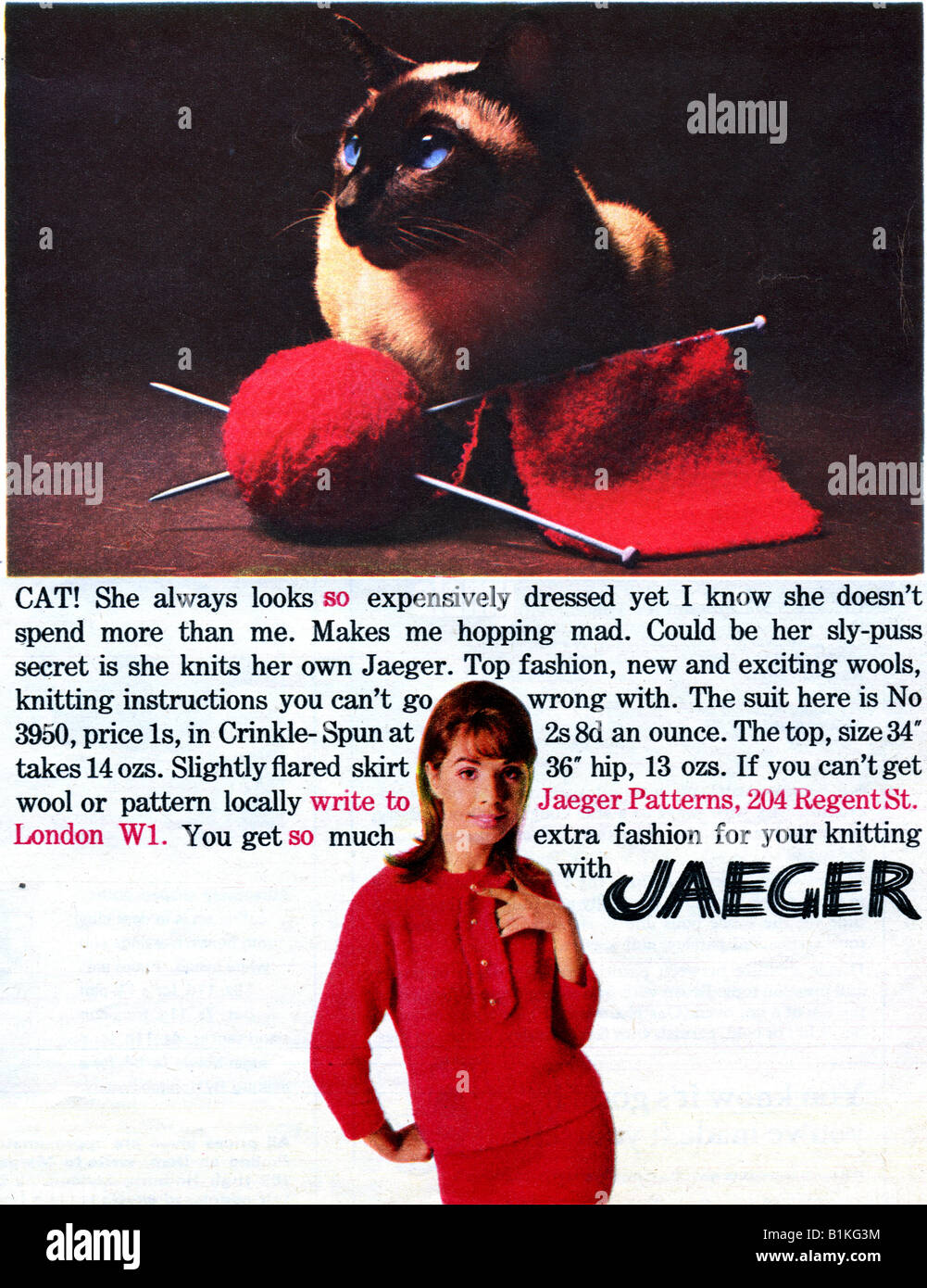 1965 Magazin Werbung für Jaeger stricken Wolle und Muster für nur zur redaktionellen Verwendung Stockfoto