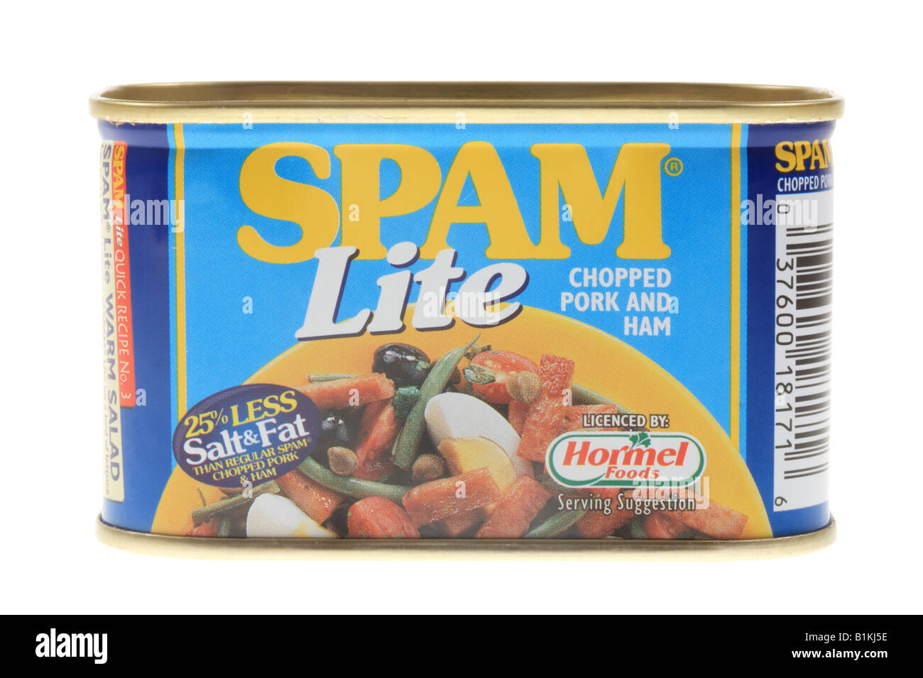 Dosen von Verarbeitetem Schweinefleisch Spam Fleisch in Retro Packaging und Branding Dosen Isoliert gegen einen weißen Hintergrund mit Freistellungspfaden und keine Leute Stockfoto
