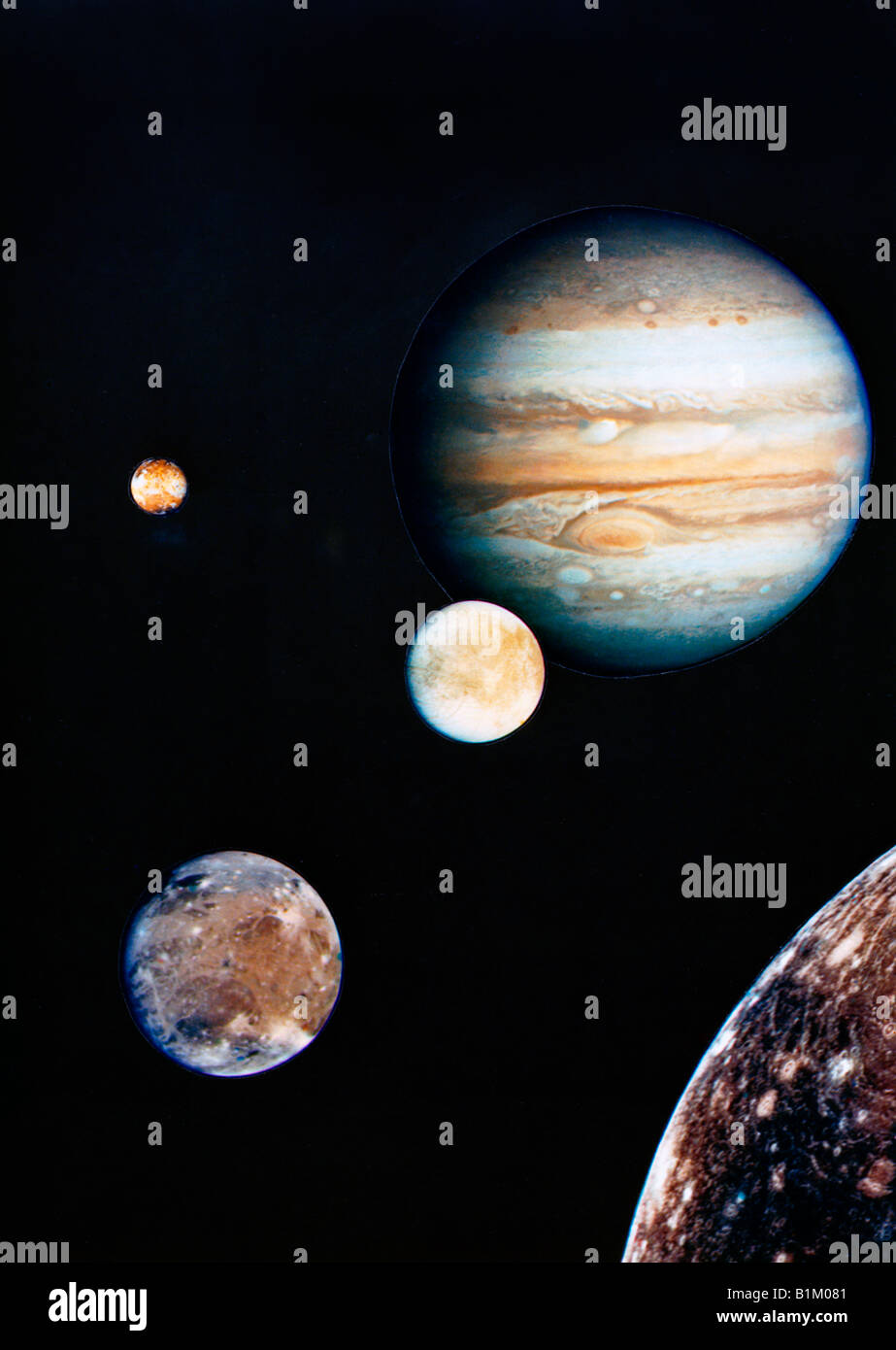 Jupiter und seine Monde Io, Europa, Ganymed und Callisto - Composite Photo von Voyager I Stockfoto