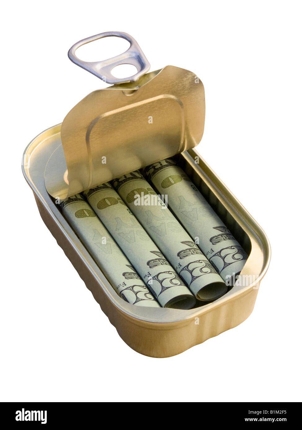 Ring Pull Dose mit gerollten 20-Dollar-Noten auf weißem Hintergrund - Konzept Stockfoto