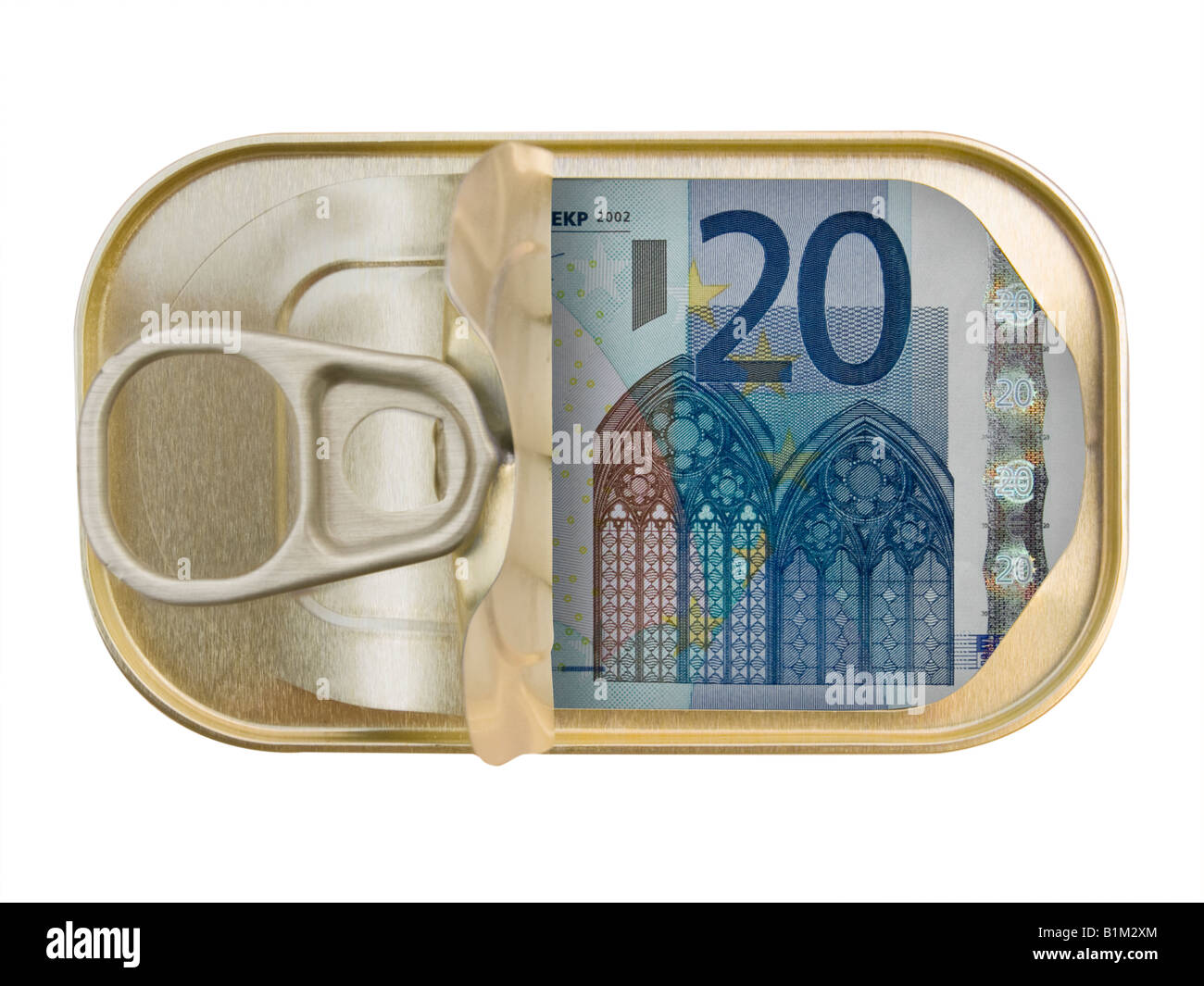 Draufsicht auf einen Ring ziehen Zinn mit 20 Euro auf weißem Hintergrund Stockfoto