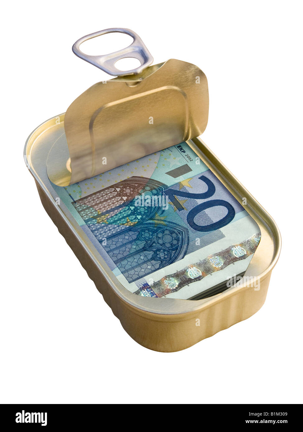 Ringdose mit 20 Euro-Banknoten auf weißem Hintergrund – Konzept Stockfoto