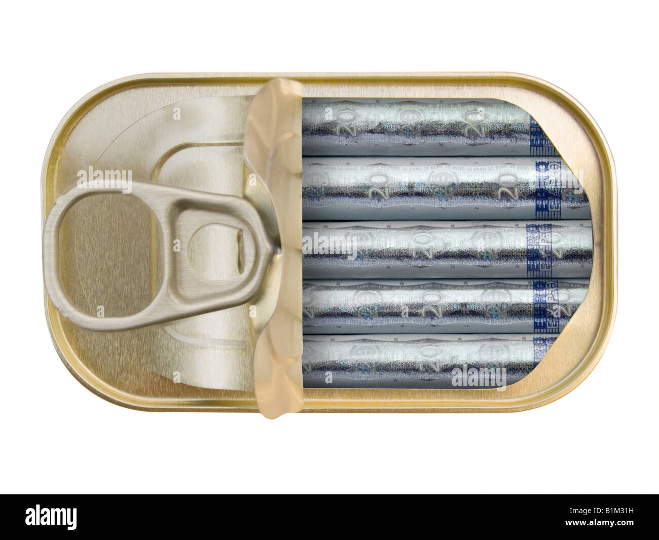 Draufsicht einer Ringdose mit gerollten 20-Euro-Banknoten auf weißem Hintergrund – Konzept Stockfoto