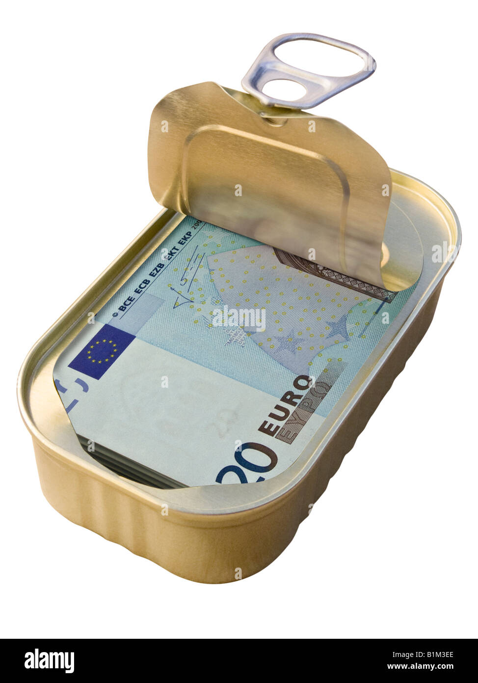 Ringdose mit 20 Euro-Banknoten auf weißem Hintergrund – Konzept Stockfoto