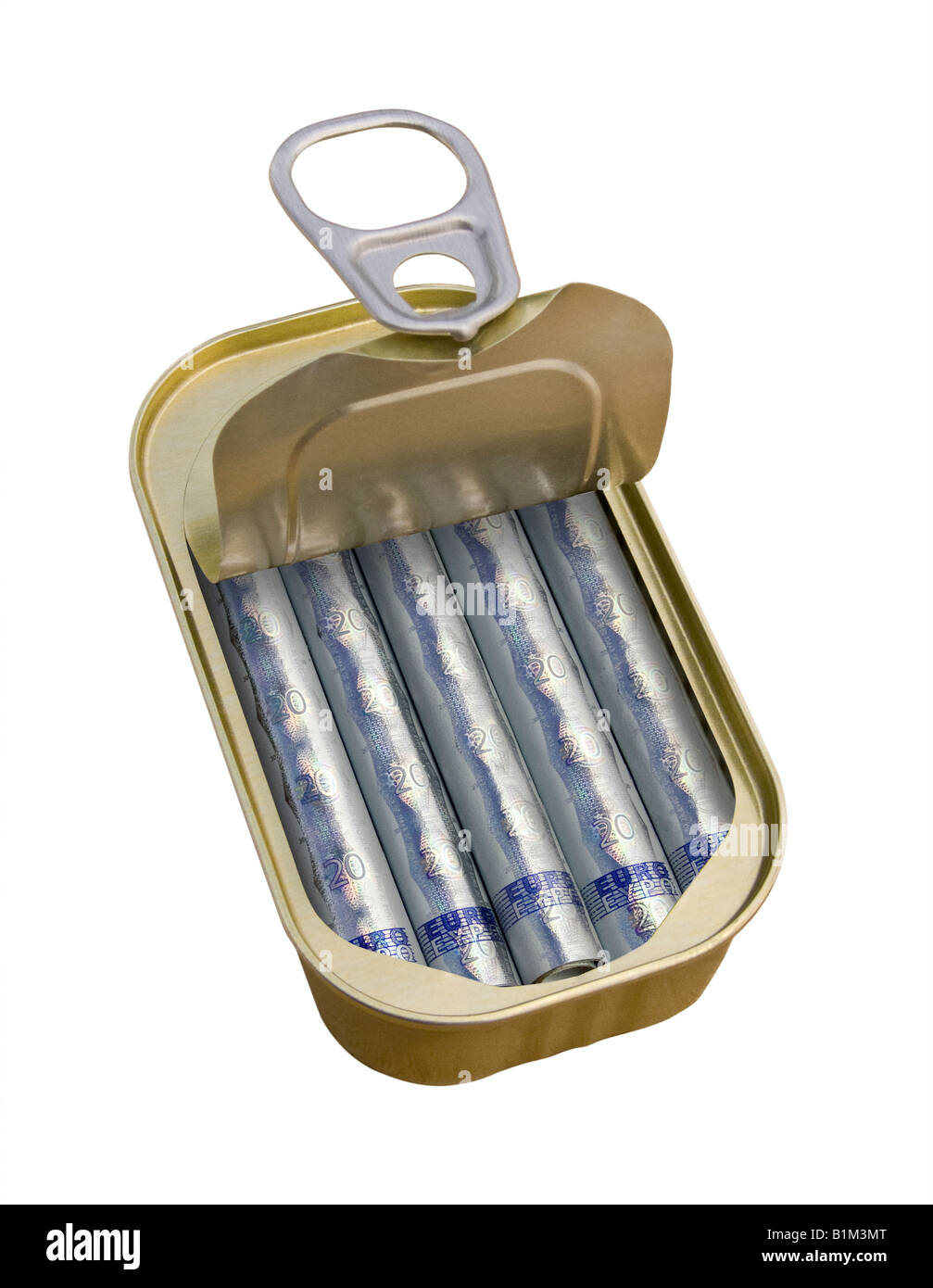 Ringzange mit gerollten 20-Euro-Banknoten auf weißem Hintergrund - Konzept Stockfoto