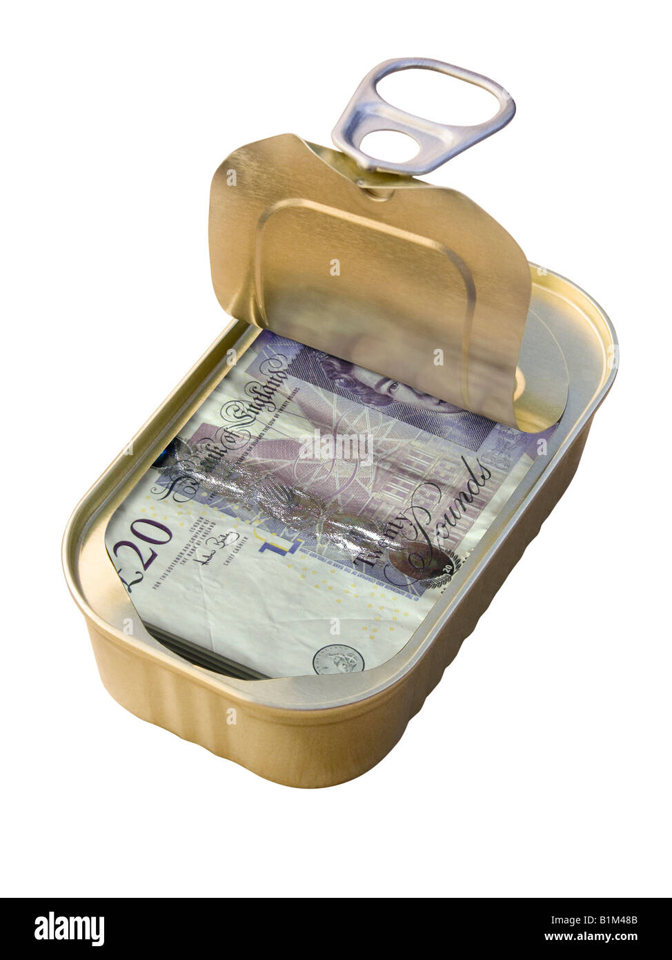 Ringdose mit 20 £-Banknoten auf weißem Hintergrund - Konzept Stockfoto
