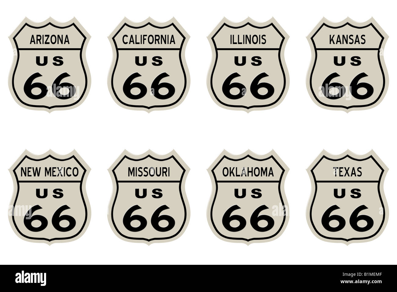 Die Route 66 Schilder, auf weißen Hintergrund isoliert. Alle 8 Staaten  Stockfotografie - Alamy