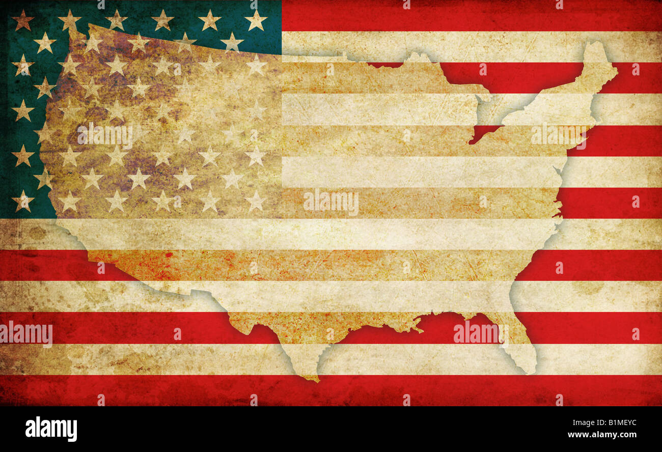 Flagge der Vereinigten Staaten von Amerika und USA Karte Kontur in alten altmodischen, Grunge und rostigen Stil Stockfoto