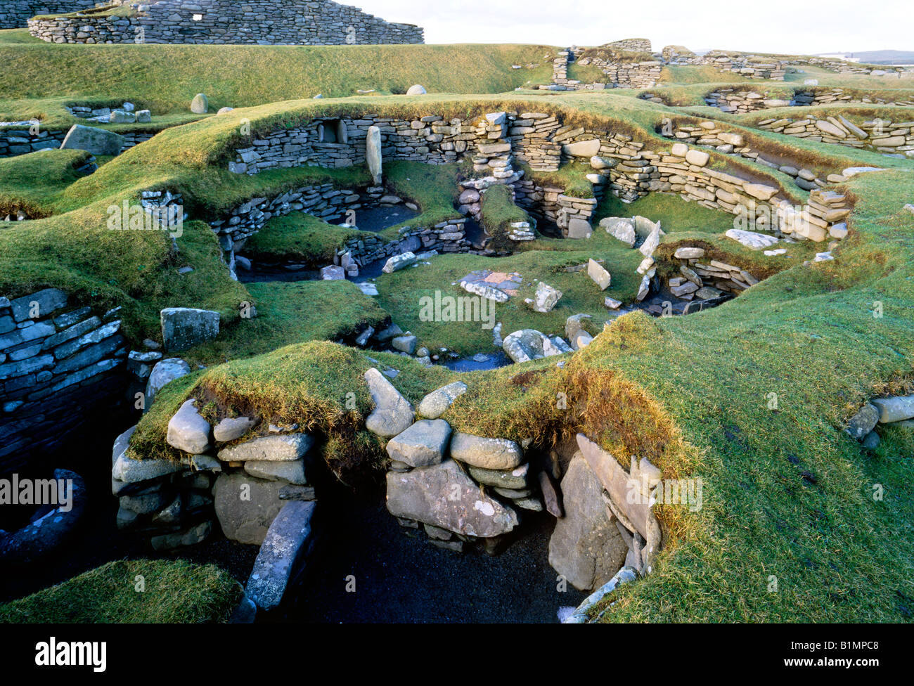 Jarlshof prähistorische und Wikinger-Siedlung bei Sumburgh, Shetland-Inseln, Schottland. Prähistorische Steuerhaus Wohnhäuser Stockfoto