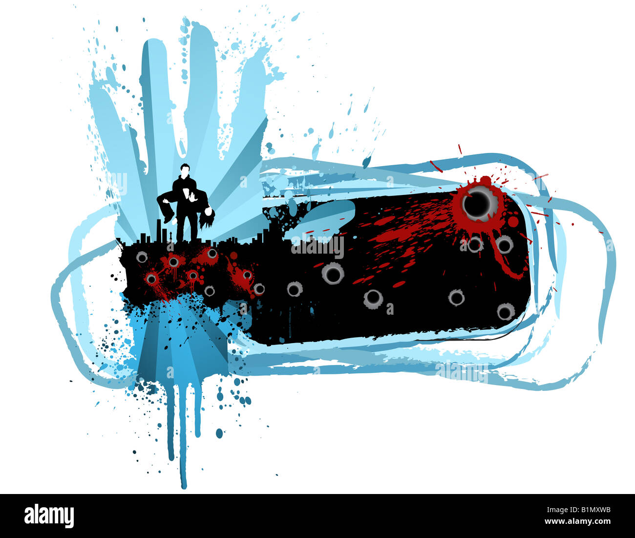 Vektor-Illustration eines urbanen Stadtbild Design Elements mit Schüsse Blut spritzt und ein Banner Textfreiraum Stockfoto