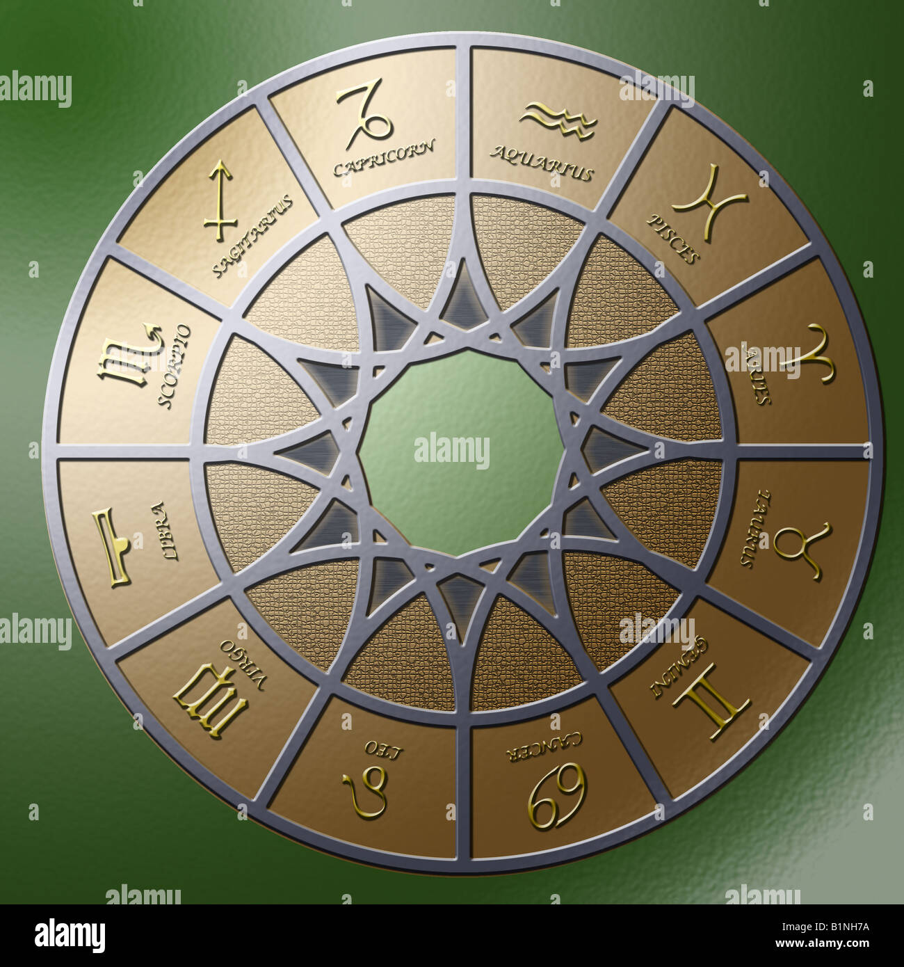 Abbildung eines metallischen Kreises mit 12 geprägte Tierkreiszeichen Stockfoto