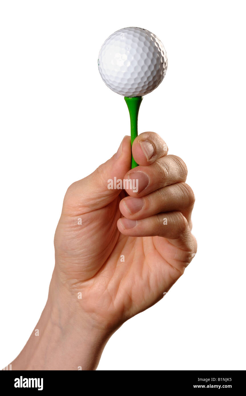 Mans Hand hält einen Golfball auf einem t-Shirt Stockfoto