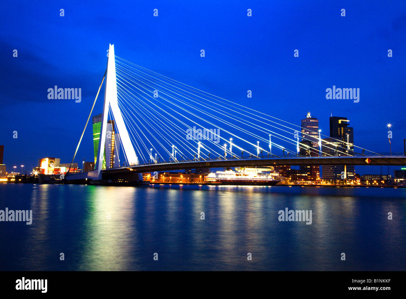 Erasmus-Brücke bei Nacht Rotterdam Niederlande Stockfoto