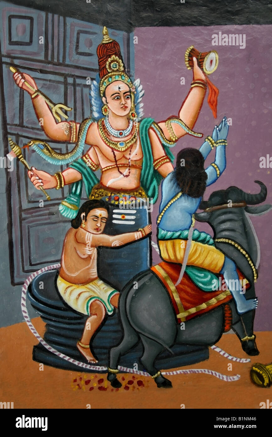Märchen aus dem Ramayana auf einer Decke Fresca, Arunachaleswara Tempel, Tiruvanamalai, Tamil Nadu, Indien Stockfoto