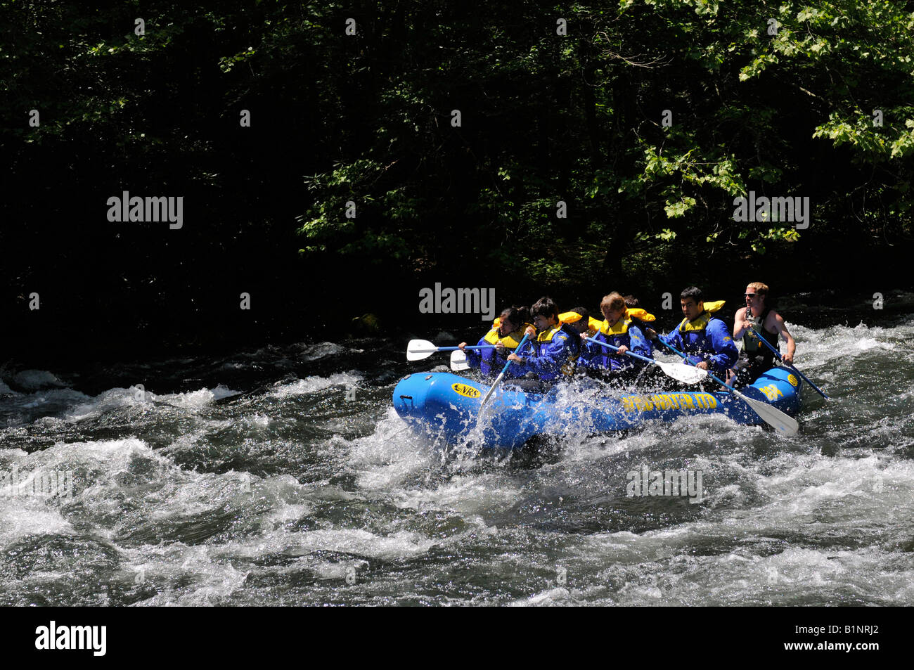 Eine Gruppe River-rafting auf dem Nantahala Fluss in Nord-Carolina, Vereinigte Staaten von Amerika. Stockfoto