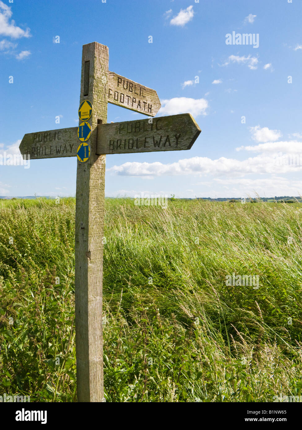 Wegweiser aus Holz zeigt öffentliche Footpaths und Bridleways Marschland, Yorkshire, Großbritannien Stockfoto