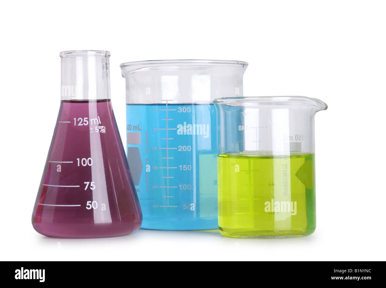 Gruppe der Wissenschaft Fläschchen mit farbigen Flüssigkeiten ausgeschnitten auf weißem Hintergrund Stockfoto