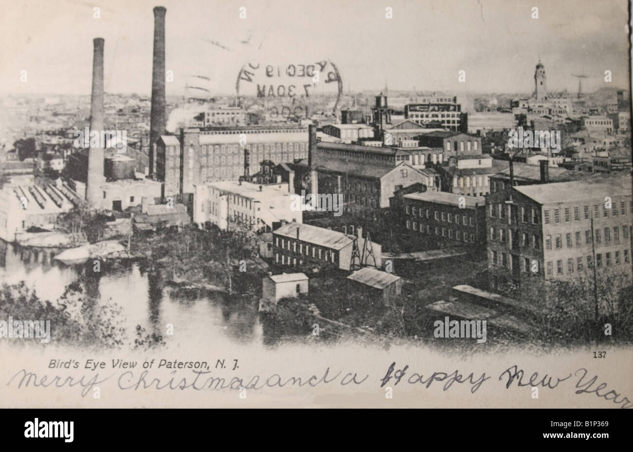 Alte Ansichtskarte 1908 von Paterson, New Jersey mit Seide Industrie und Text Frohe Weihnachten Frohes neues Jahr Stockfoto