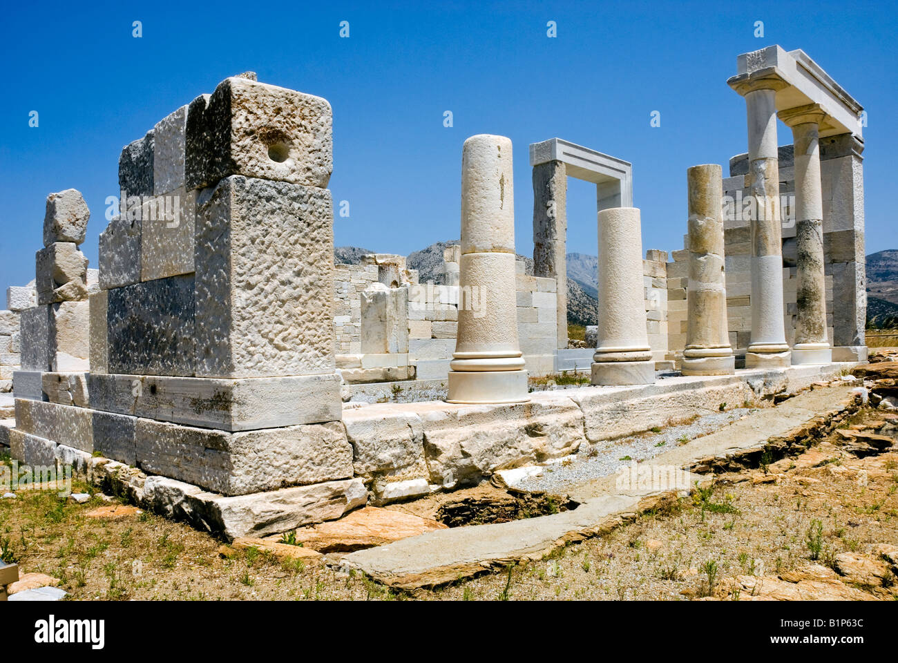 Die Ruinen der Tempel von Dimitras, Naxos, Kykladen Inseln Griechenland. Stockfoto